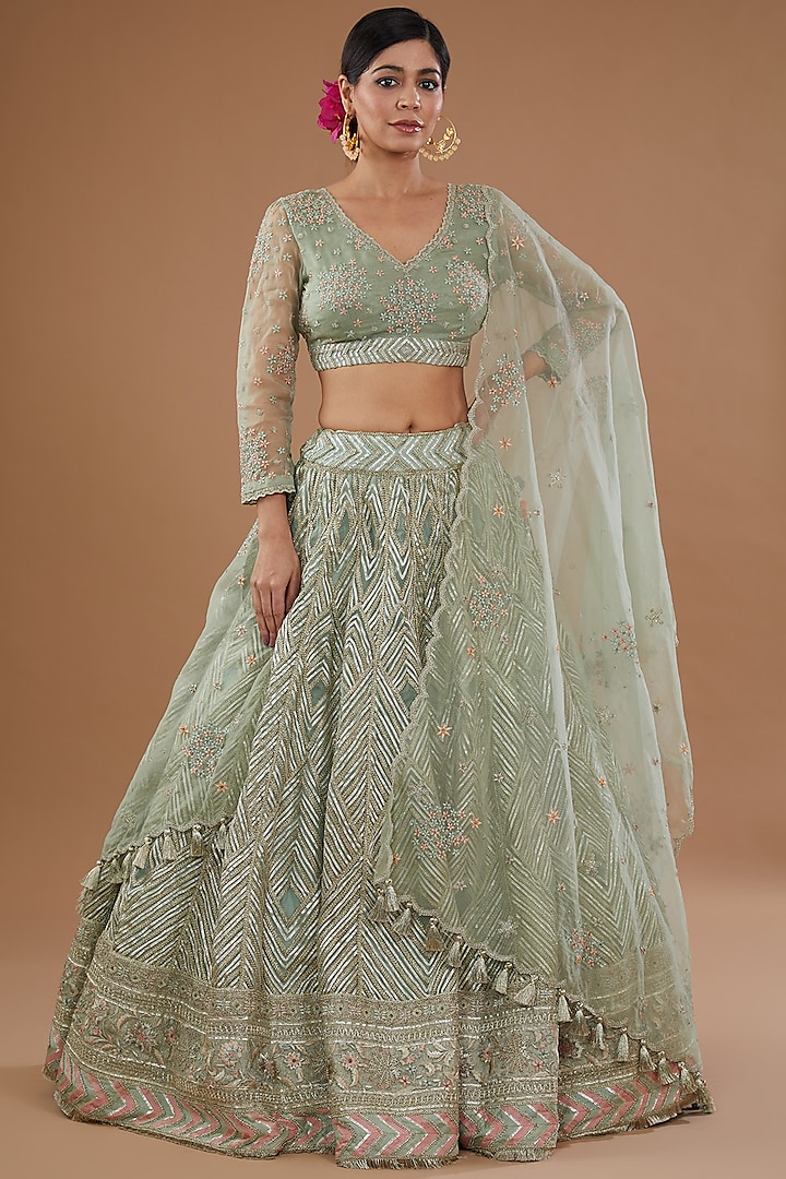 Mint Green Organza Hand Embroidered Bridal Lehenga Set by Simar Dugal at Pernia's Pop Up Shop