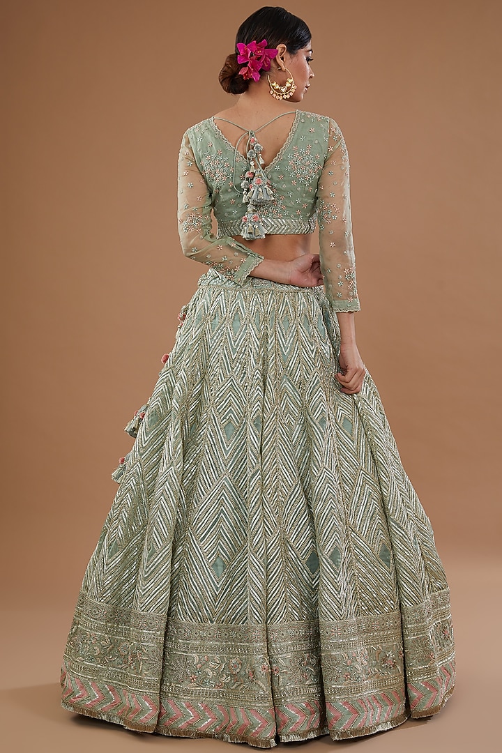 Mint Green Organza Hand Embroidered Bridal Lehenga Set by Simar Dugal at Pernia's Pop Up Shop