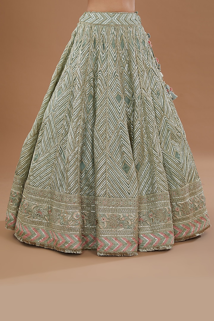 Mint Green Organza Hand Embroidered Bridal Lehenga Set by Simar Dugal at Pernia's Pop Up Shop