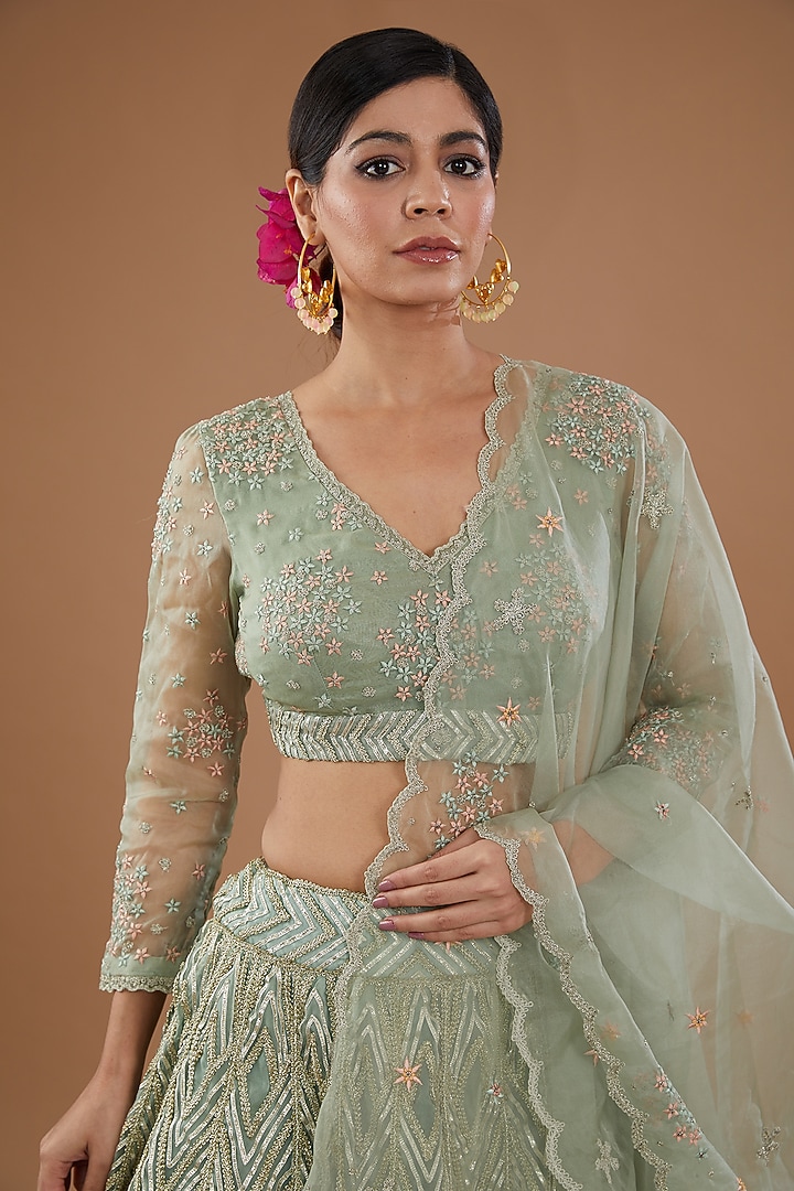 Mint Green Organza Hand Embroidered Bridal Lehenga Set by Simar Dugal at Pernia's Pop Up Shop