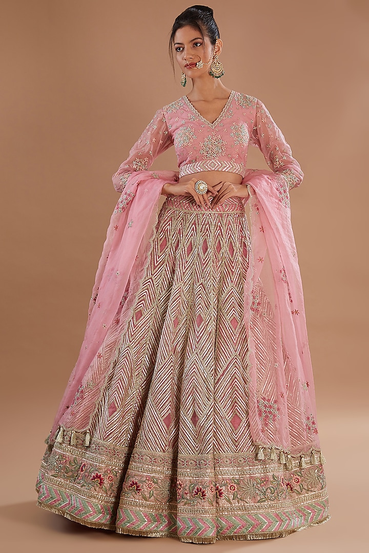 Blush Pink Organza Geometric Gota Striped Hand Embroidered Bridal Lehenga Set by Simar Dugal at Pernia's Pop Up Shop