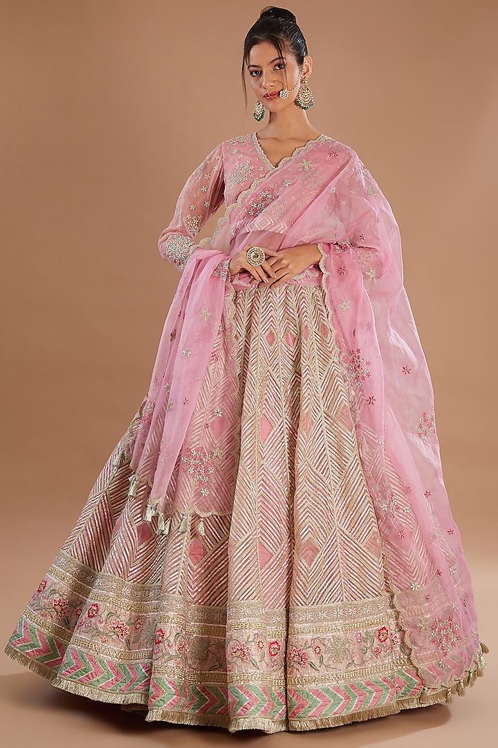 Pink Organza Geometric Gota Striped Hand Embroidered Bridal Lehenga Set by Simar Dugal at Pernia's Pop Up Shop