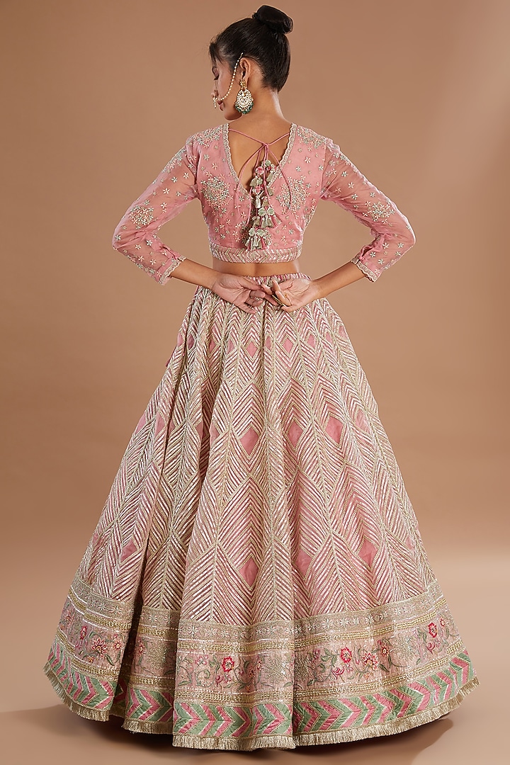 Pink Organza Geometric Gota Striped Hand Embroidered Bridal Lehenga Set by Simar Dugal at Pernia's Pop Up Shop