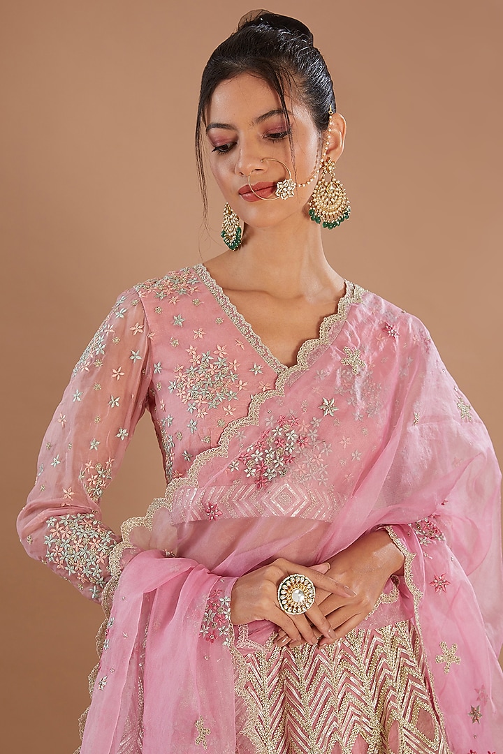 Pink Organza Geometric Gota Striped Hand Embroidered Bridal Lehenga Set by Simar Dugal at Pernia's Pop Up Shop