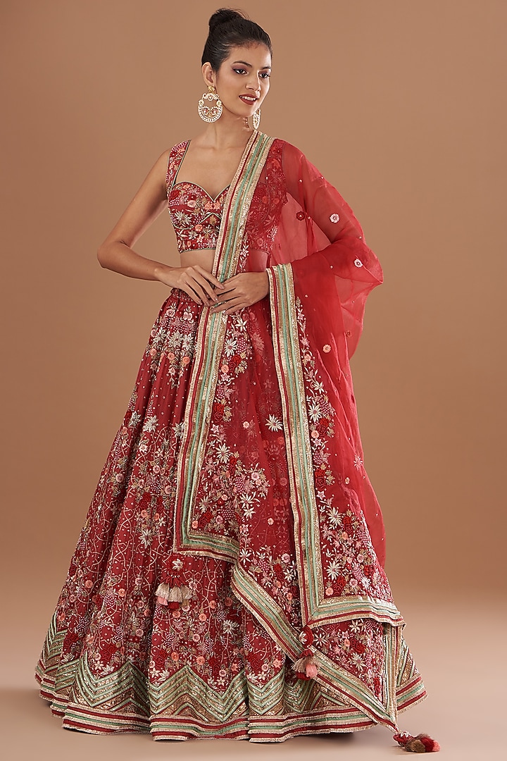 Red Tussar Silk Resham Embroidered Bridal Lehenga Set by Simar Dugal at Pernia's Pop Up Shop