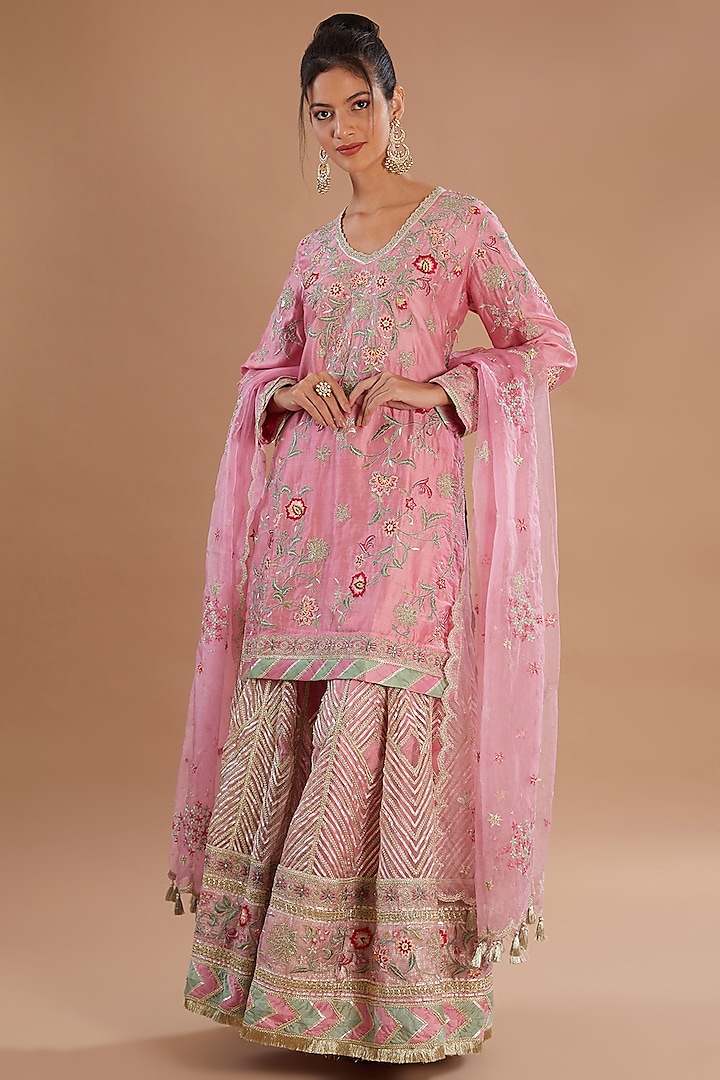 Salmon Pink Organza Embroidered Sharara Set by Simar Dugal at Pernia's Pop Up Shop