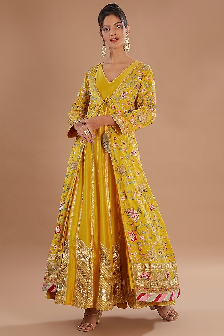 Yellow Tussar Silk & Chanderi Dabka Embroidered Jacket Set by Simar Dugal at Pernia's Pop Up Shop