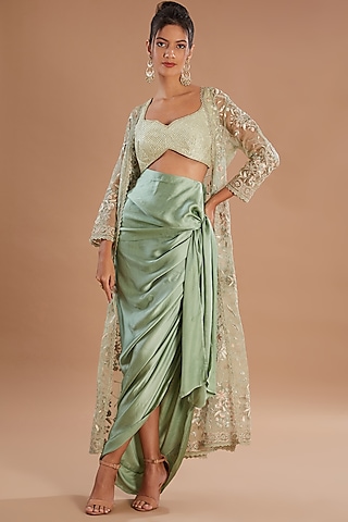 Mint Organza Thread & Zari Embroidered Jacket Set by Simar Dugal