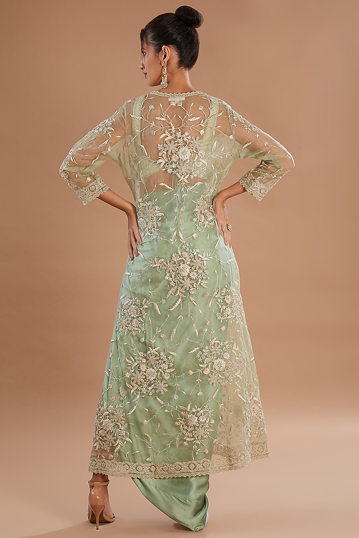 Mint Organza Thread & Zari Embroidered Jacket Set by Simar Dugal at Pernia's Pop Up Shop