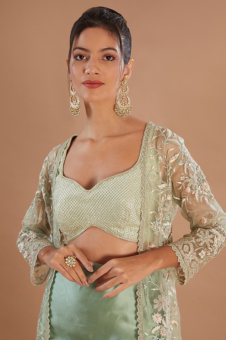 Mint Organza Thread & Zari Embroidered Jacket Set by Simar Dugal at Pernia's Pop Up Shop