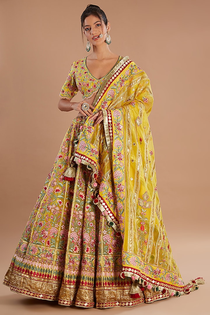 Yellow Silk Organza Floral Gota Embroidered Bridal Lehenga Set by Simar Dugal at Pernia's Pop Up Shop