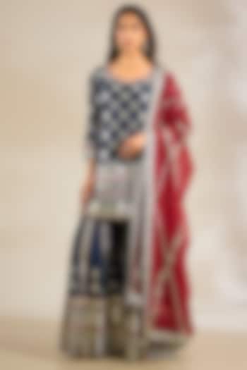 Navy Chanderi & Georgette Embroidered Wedding Sharara Set by Simar Dugal at Pernia's Pop Up Shop