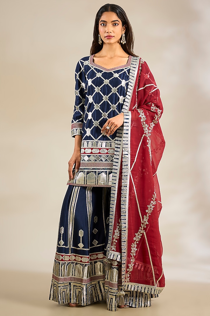 Navy Chanderi & Georgette Embroidered Wedding Sharara Set by Simar Dugal at Pernia's Pop Up Shop