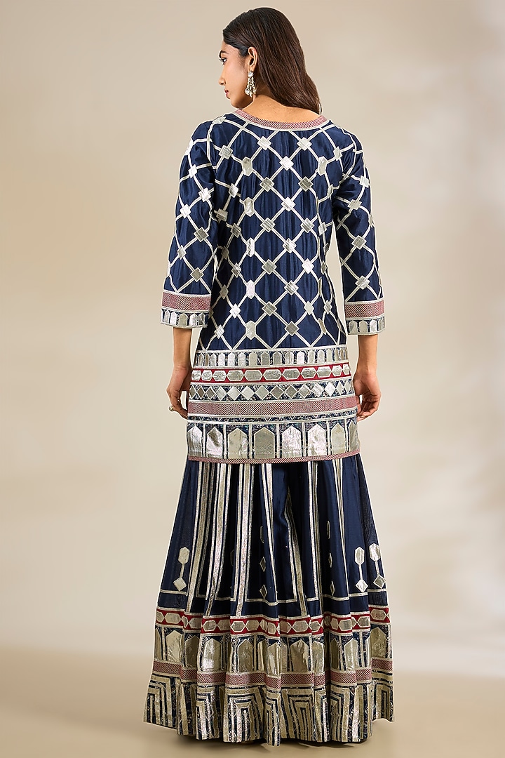 Navy Chanderi & Georgette Embroidered Wedding Sharara Set by Simar Dugal at Pernia's Pop Up Shop