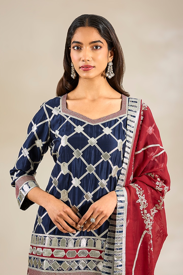 Navy Chanderi & Georgette Embroidered Wedding Sharara Set by Simar Dugal at Pernia's Pop Up Shop