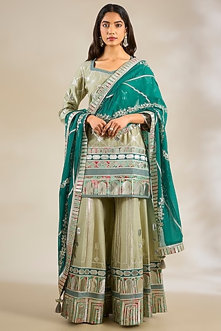 Mint Chanderi & Georgette Embroidered Sharara Set by Simar Dugal