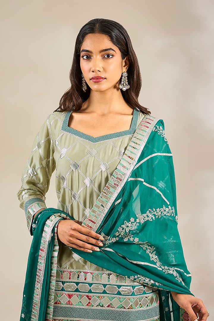 Mint Chanderi & Georgette Embroidered Wedding Sharara Set by Simar Dugal at Pernia's Pop Up Shop