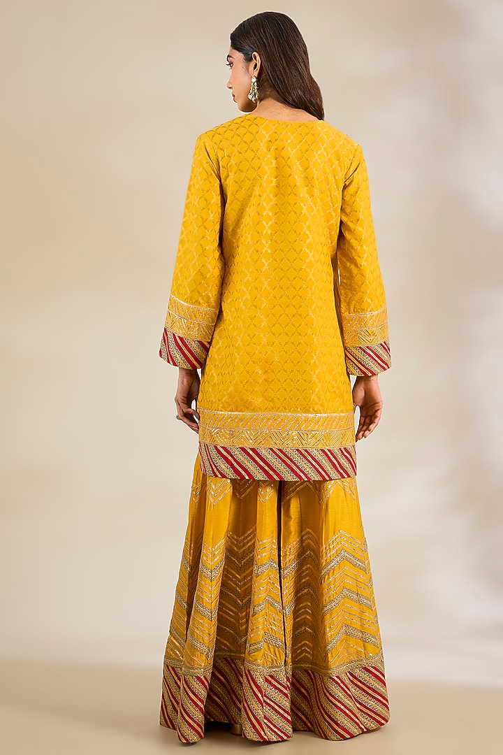 Mustard Banarasi & Chanderi Embroidered Bridal Sharara Set by Simar Dugal at Pernia's Pop Up Shop