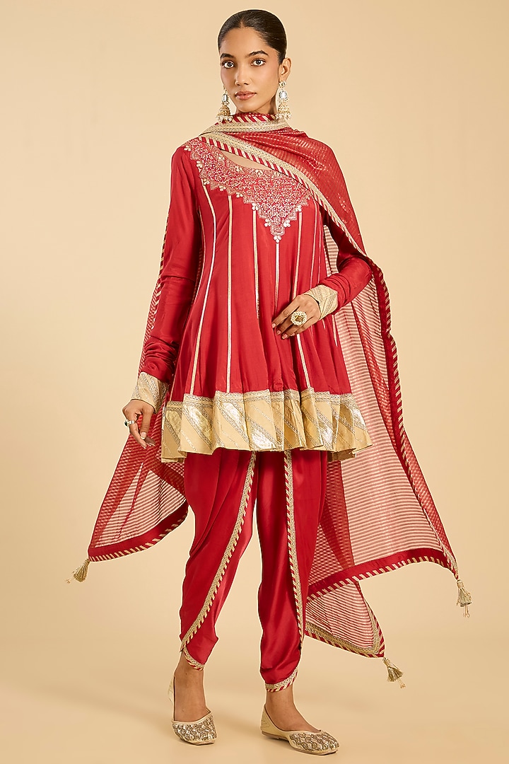 Red Silk Dhoti Set by Simar Dugal at Pernia's Pop Up Shop