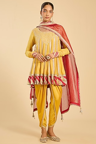 Mustard Silk Dhoti Set by Simar Dugal