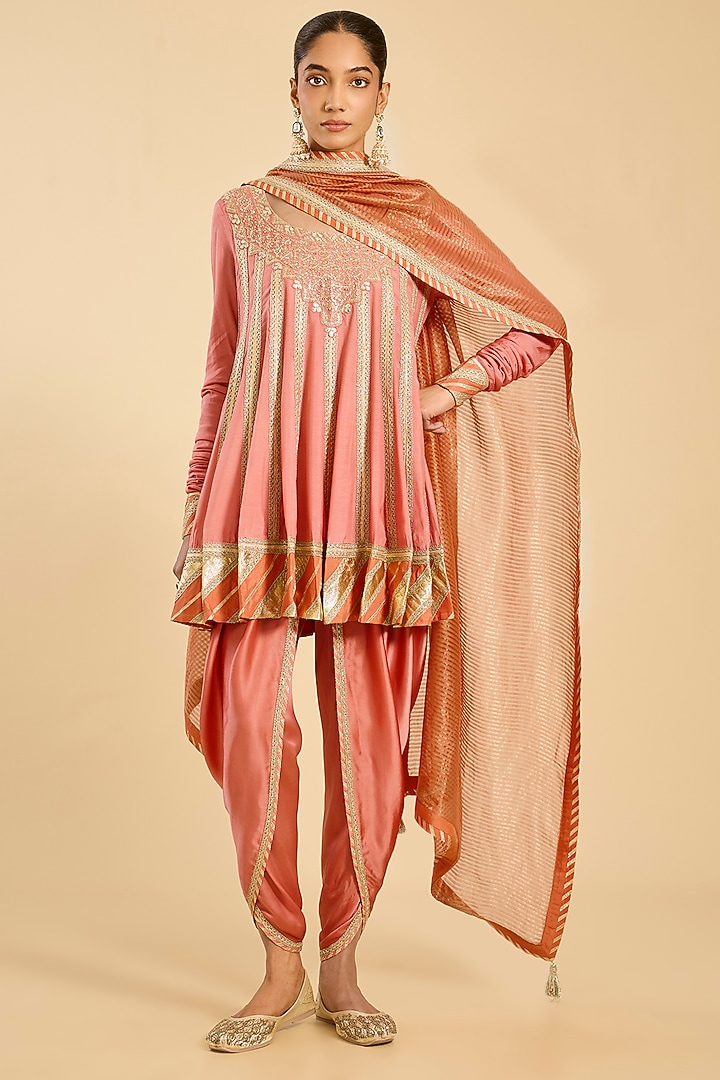 Coral Silk Dhoti Set by Simar Dugal at Pernia's Pop Up Shop
