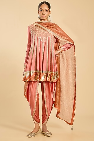Coral Silk Dhoti Set by Simar Dugal