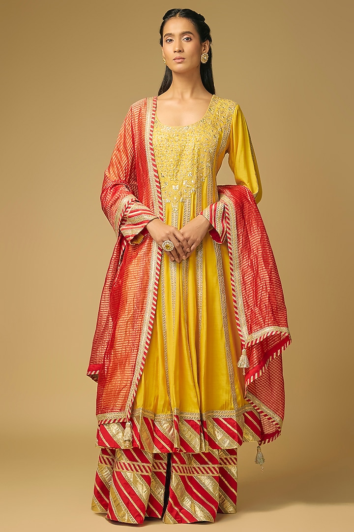 Yellow Cotton Silk Marodi & Gota Embroidered Bridal Anarkali Set by Simar Dugal at Pernia's Pop Up Shop