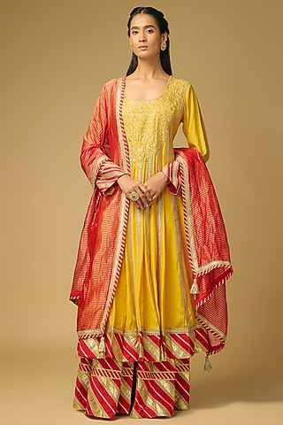 Yellow Cotton Silk Marodi & Gota Embroidered Anarkali Set by Simar Dugal