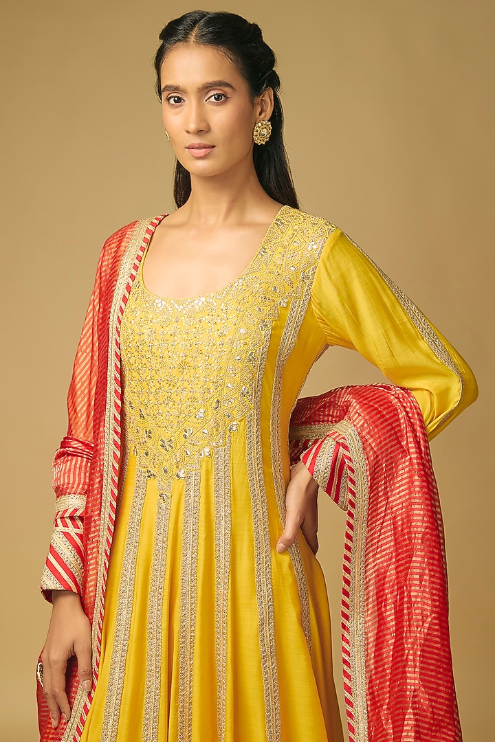 Yellow Cotton Silk Marodi & Gota Embroidered Bridal Anarkali Set by Simar Dugal at Pernia's Pop Up Shop