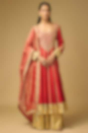 Red Cotton Silk Marodi & Gota Embroidered Bridal Anarkali Set by Simar Dugal at Pernia's Pop Up Shop