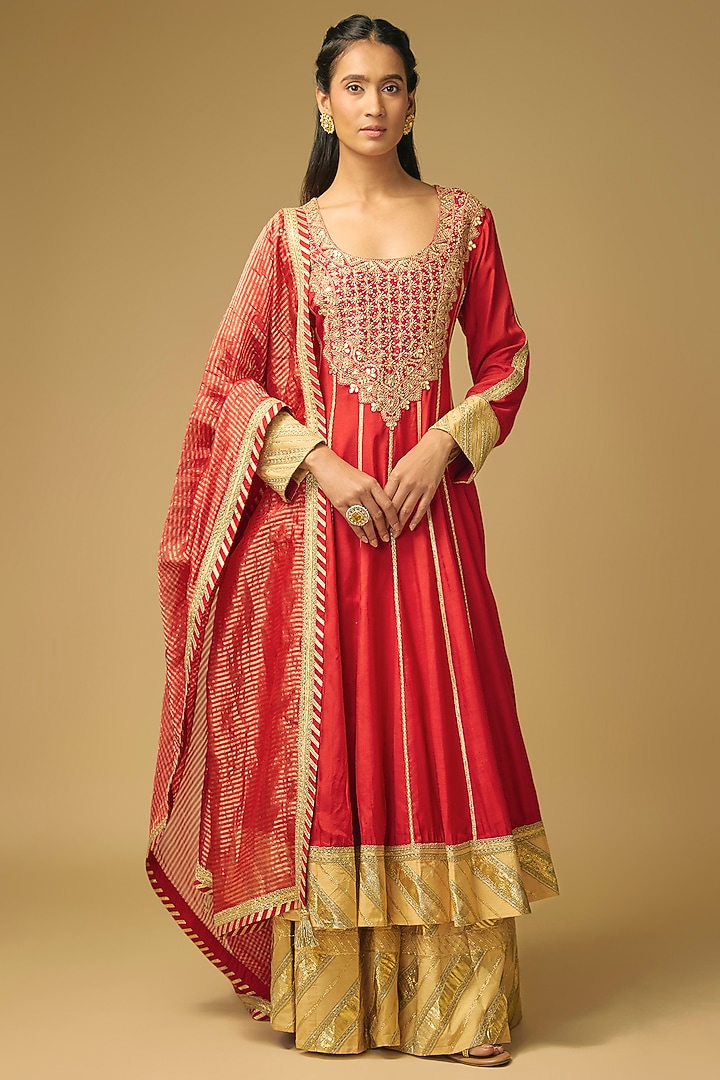 Red Cotton Silk Marodi & Gota Embroidered Bridal Anarkali Set by Simar Dugal at Pernia's Pop Up Shop