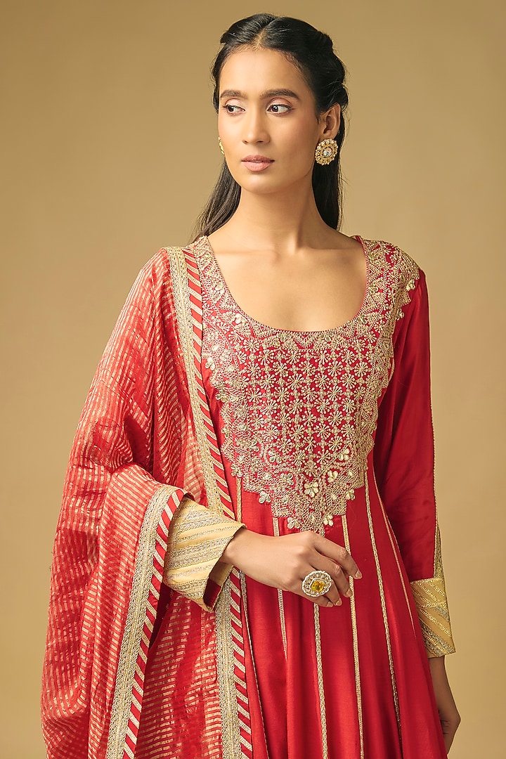 Red Cotton Silk Marodi & Gota Embroidered Bridal Anarkali Set by Simar Dugal at Pernia's Pop Up Shop