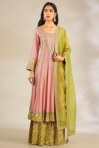 Pink Cotton Silk Embroidered Anarkali Set by Simar Dugal