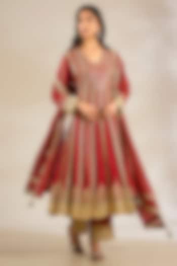 Red Cotton Silk Embroidered Wedding Anarkali Set by Simar Dugal at Pernia's Pop Up Shop