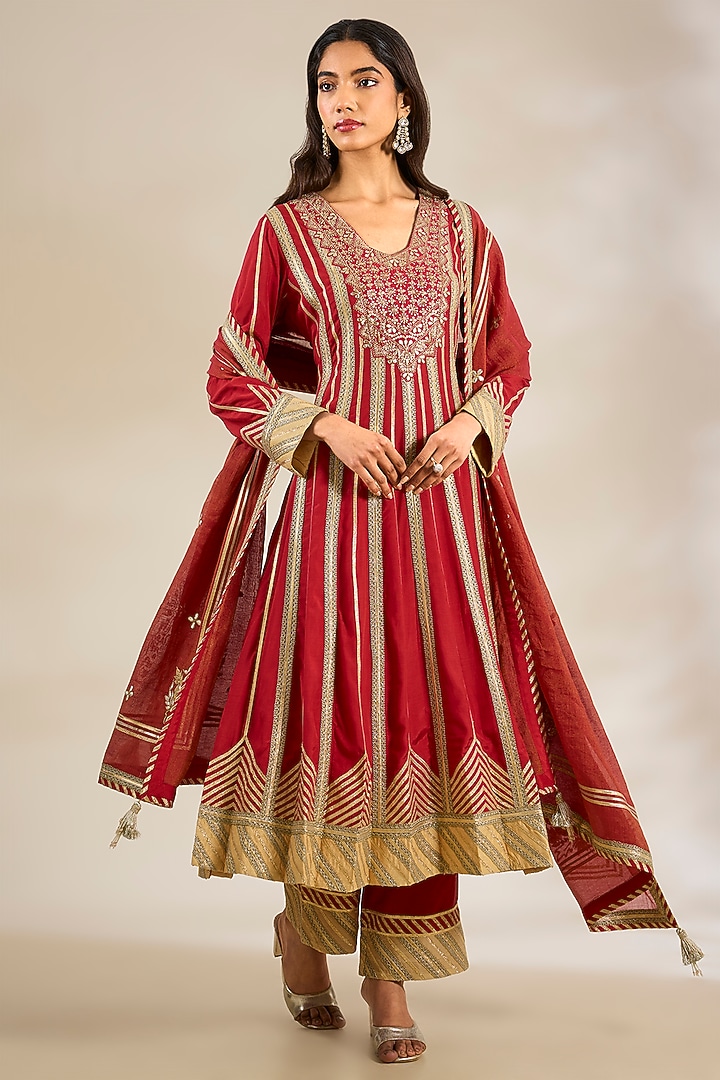 Red Cotton Silk Embroidered Wedding Anarkali Set by Simar Dugal at Pernia's Pop Up Shop
