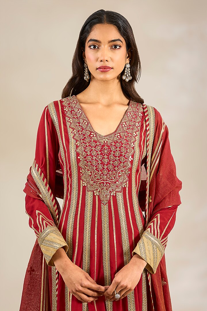 Red Cotton Silk Embroidered Wedding Anarkali Set by Simar Dugal at Pernia's Pop Up Shop