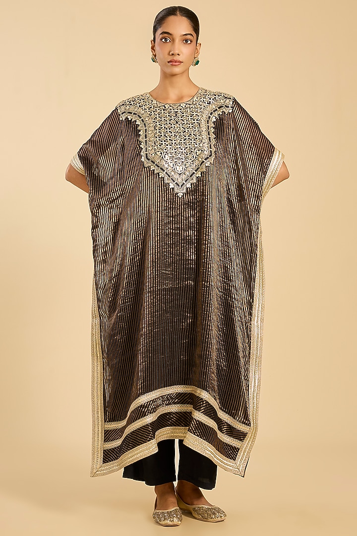 Black Striped Tissue Hand Embroidered Kaftan Set by Simar Dugal at Pernia's Pop Up Shop