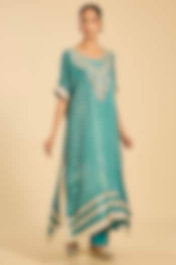 Emerald Green Striped Tissue Hand Embroidered Kaftan Set by Simar Dugal at Pernia's Pop Up Shop