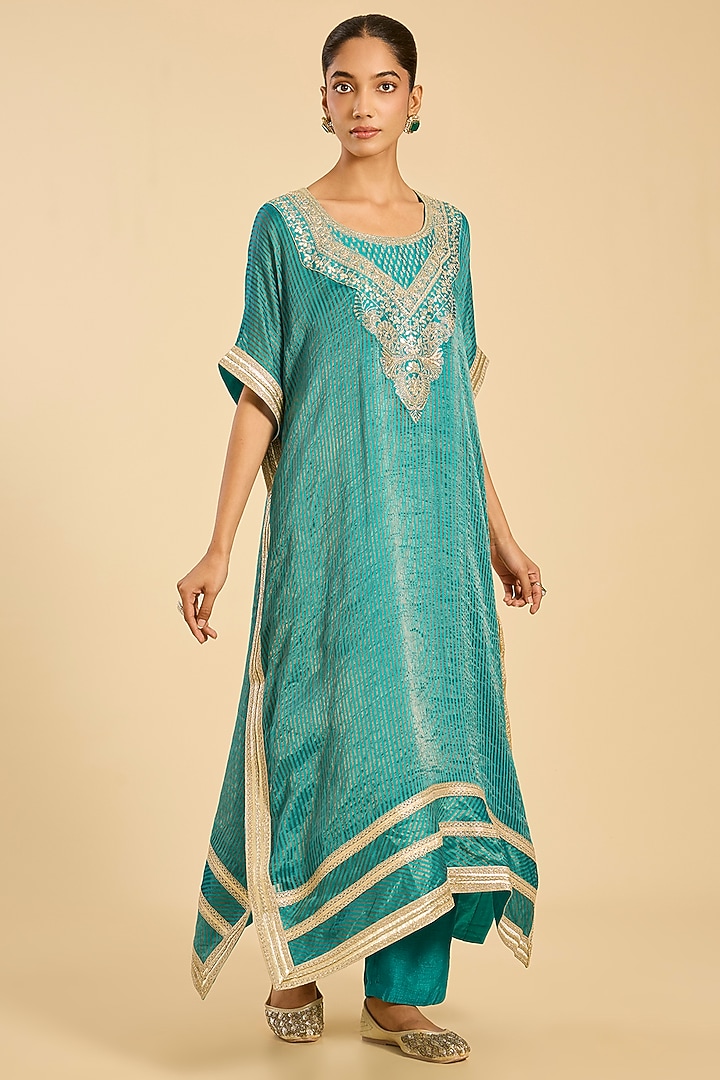 Emerald Green Striped Tissue Hand Embroidered Kaftan Set by Simar Dugal at Pernia's Pop Up Shop