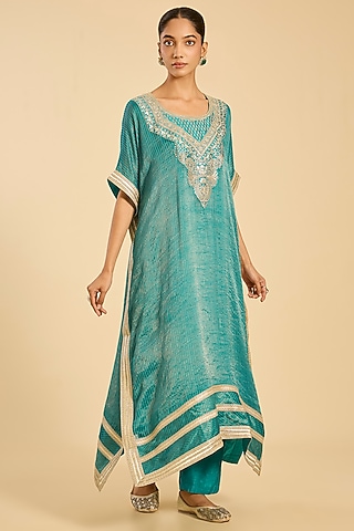 Emerald Green Striped Tissue Hand Embroidered Kaftan Set by Simar Dugal