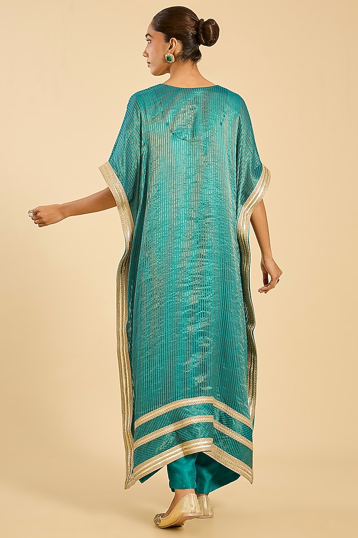 Emerald Green Striped Tissue Hand Embroidered Kaftan Set by Simar Dugal at Pernia's Pop Up Shop