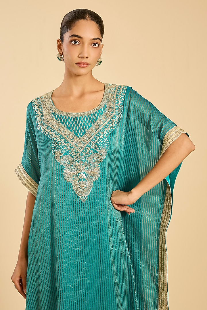Emerald Green Striped Tissue Hand Embroidered Kaftan Set by Simar Dugal at Pernia's Pop Up Shop