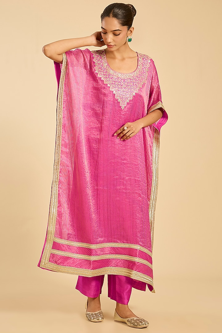 Fuchsia Pink Striped Tissue Hand Embroidered Kaftan Set by Simar Dugal at Pernia's Pop Up Shop
