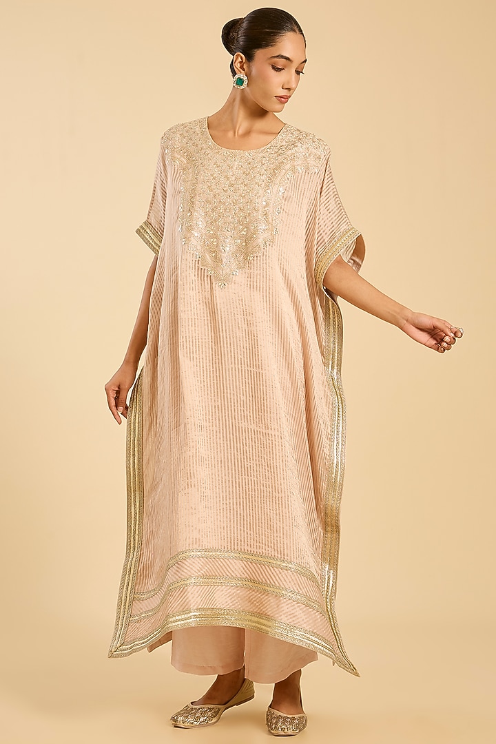 Beige Striped Tissue Hand Embroidered Kaftan Set by Simar Dugal at Pernia's Pop Up Shop