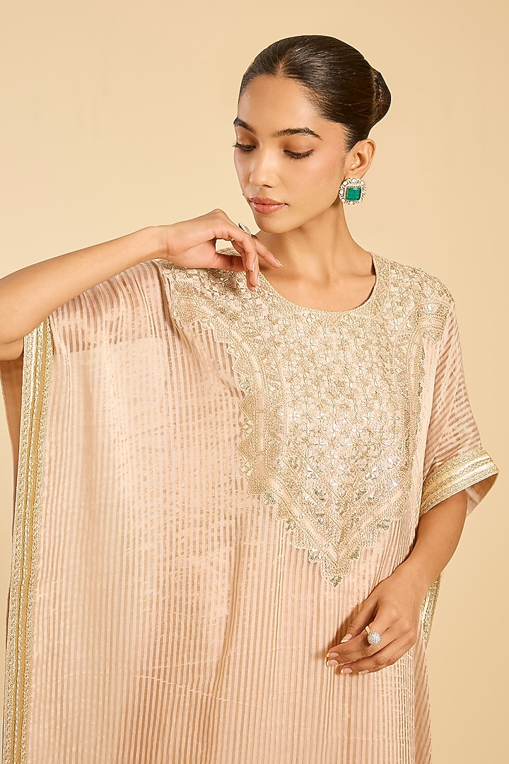 Beige Striped Tissue Hand Embroidered Kaftan Set by Simar Dugal at Pernia's Pop Up Shop