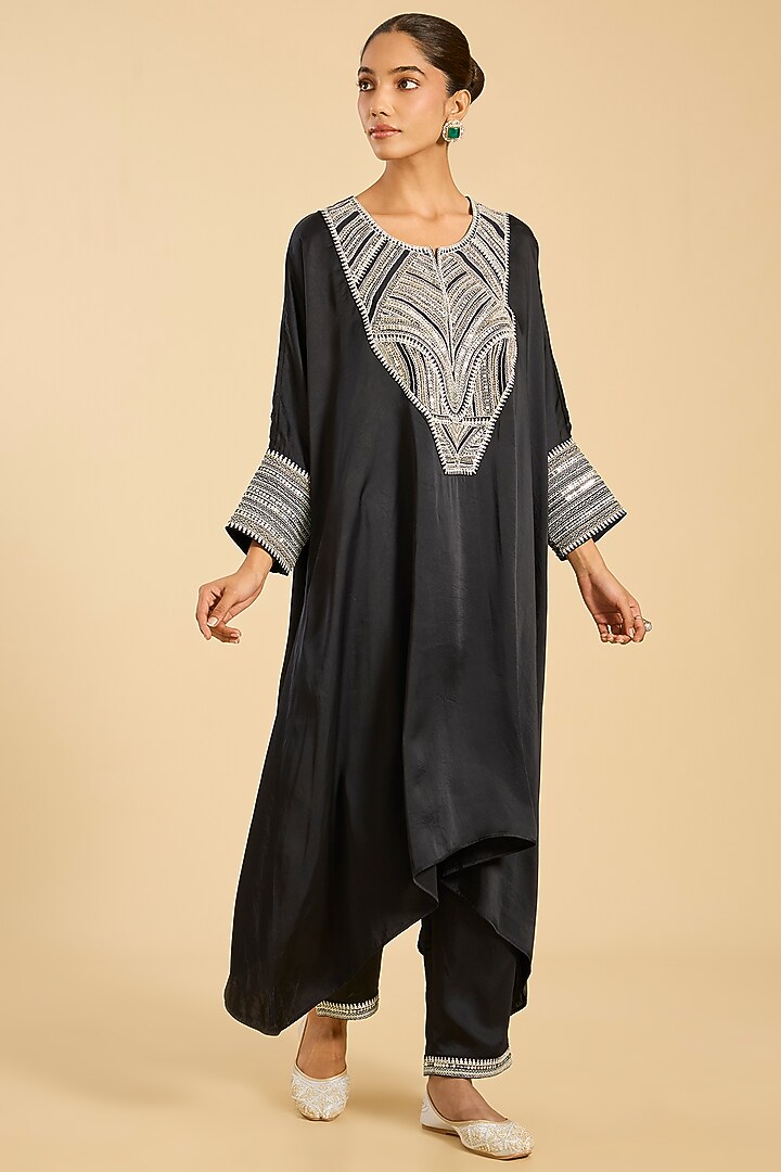 Black Striped Tissue Hand Embroidered Kaftan Set by Simar Dugal at Pernia's Pop Up Shop