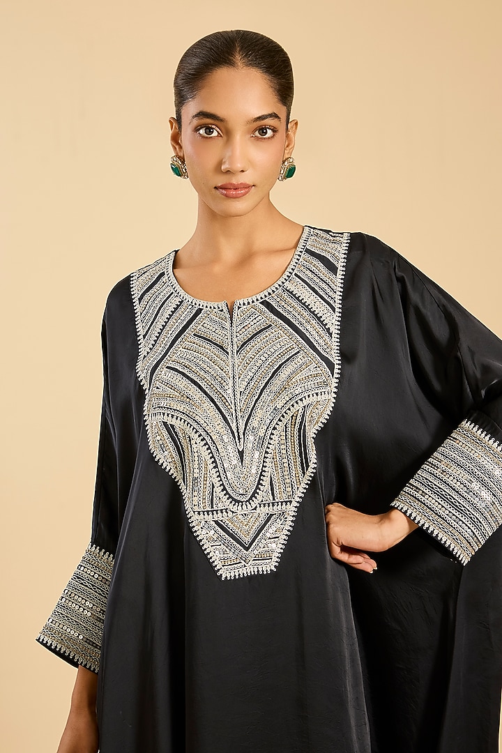 Black Striped Tissue Hand Embroidered Kaftan Set by Simar Dugal at Pernia's Pop Up Shop