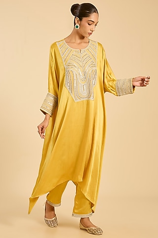 Mustard Striped Tissue Hand Embroidered Kaftan Set by Simar Dugal