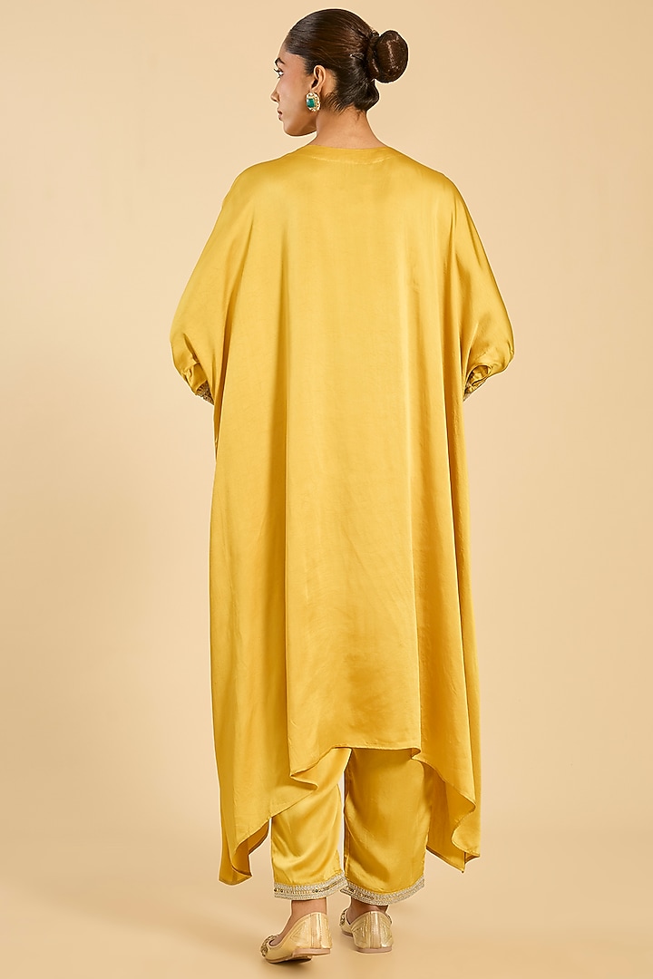 Mustard Striped Tissue Hand Embroidered Kaftan Set by Simar Dugal at Pernia's Pop Up Shop