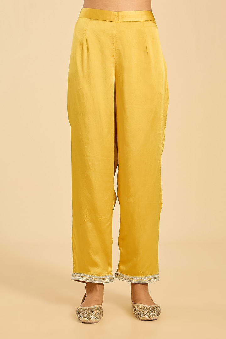 Mustard Striped Tissue Hand Embroidered Kaftan Set by Simar Dugal at Pernia's Pop Up Shop